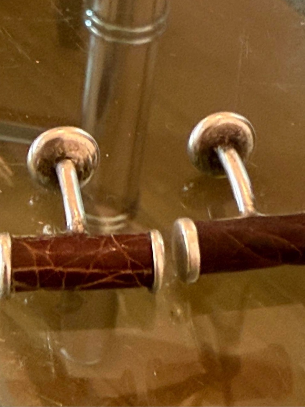 Ralf Lauren vintage crocodile Men's Brown Leather and Silver Bar Cufflinks